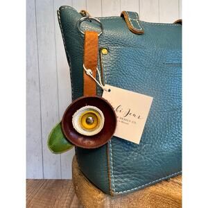 Genuine Leather Purse Charm Burgundy White Yellow Flower Keychain Accessory